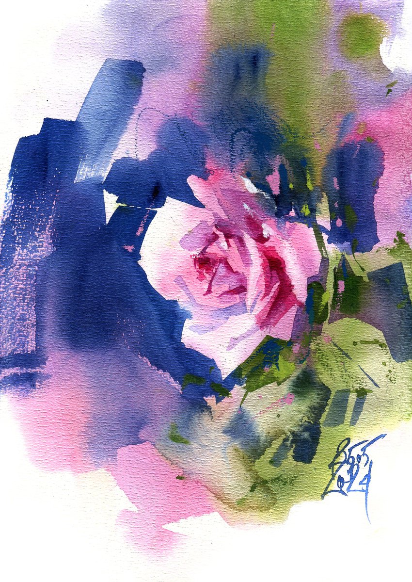 Impressionistic Botanical Watercolour By Ksenia Selianko, 8 X 12", "Pink Garden Rose. Impression", Original Artwork