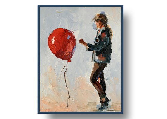 Woman, red air balloon.