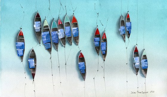 Sailboats at the coast original artwork, bright watercolor painting with boats in top view, blue and turquoise wall art, above bed decor, sea lovers gift