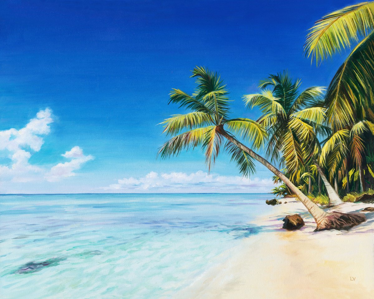 Photorealistic Landscape Oil Painting By Lucia Verdejo, 21 X 17", Tropical Beach With Palm Trees, Original Artwork