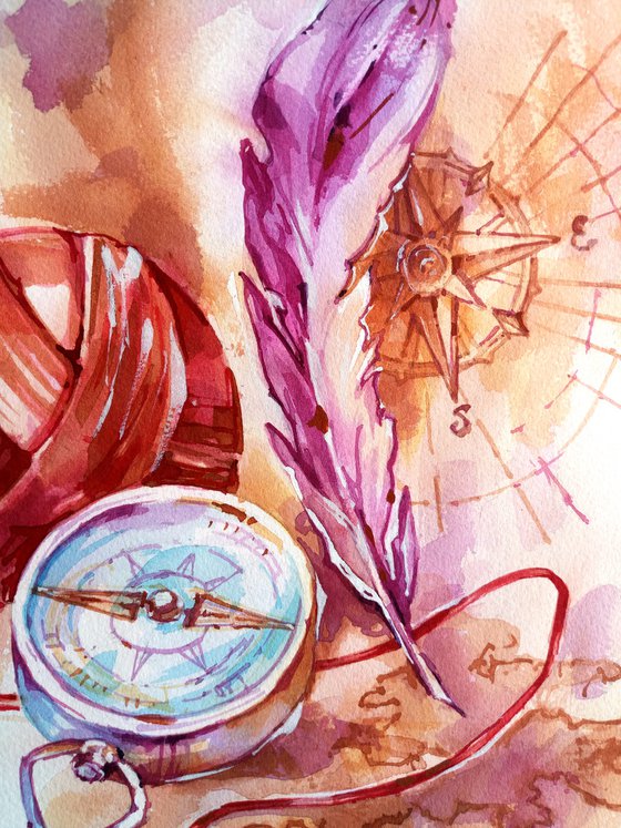 "Old map and guiding thread" original watercolor artwork travel illustration