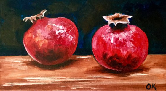 Still life with two  Pomegranates fruits still life original oil painting on canvas wall decor