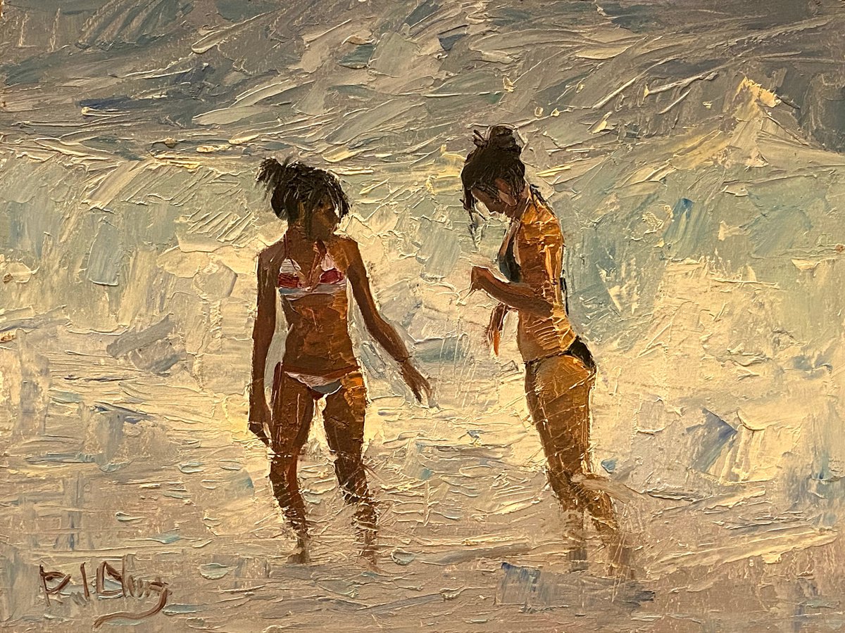 Impressionistic Landscape Oil Painting By Paul Cheng, 12 X 9", Beach Girls At Sunset, Original Artwork
