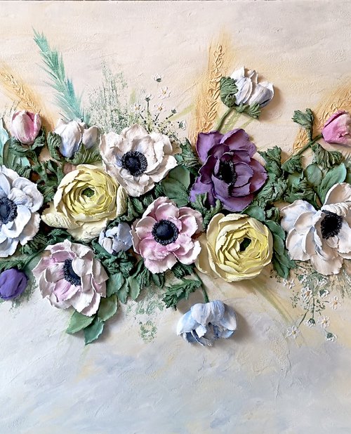 Bouquet with flowers anemones and Ranunculus - touch these delicate petals and inhale the fragrance of these beautiful flowers, wall decor idea, gift for a wealthy person 100x50x7 cm by Irina Stepanova
