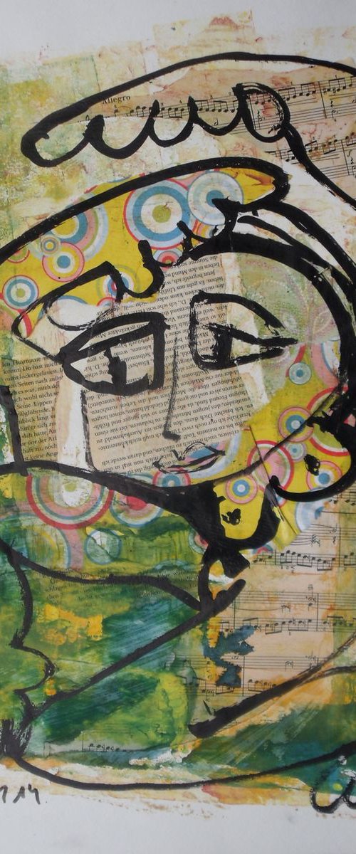 green  lady collage and gouache mixed media on paper 19,7 x 13,8 inch by Sonja Zeltner-Müller