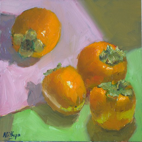 Small Painting - Persimmons on Colored paper! - Kitchen Decor, Home Decor by Nithya Swaminathan
