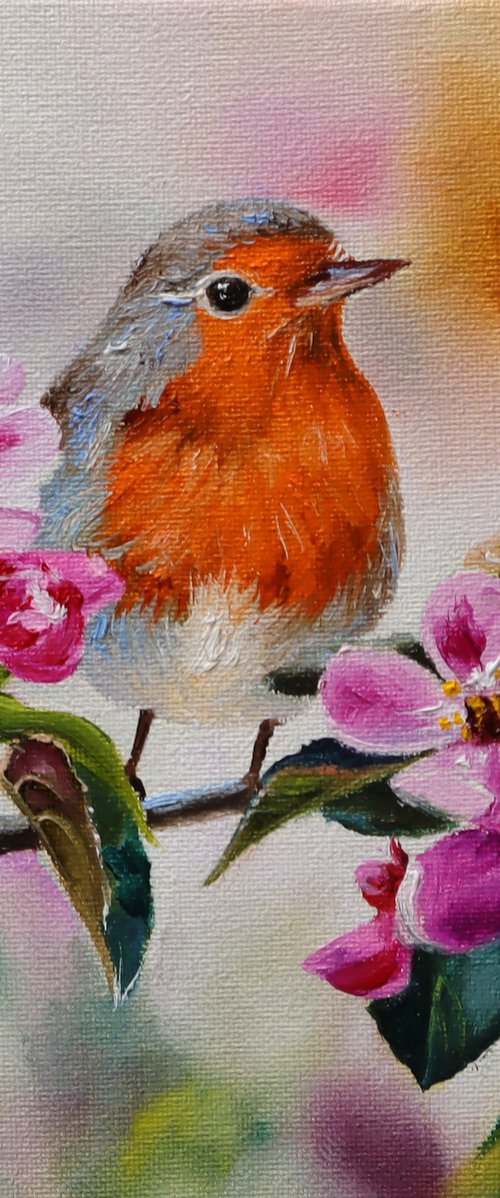 Robin Bird and Pink Flowers by Natalia Shaykina