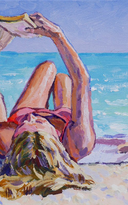 "GIRL, BOOK, SEA, BEACH." ORIGINAL  PAINTING, READY TO HANG, WALL DECOR, GIFT IDEA by Tashe