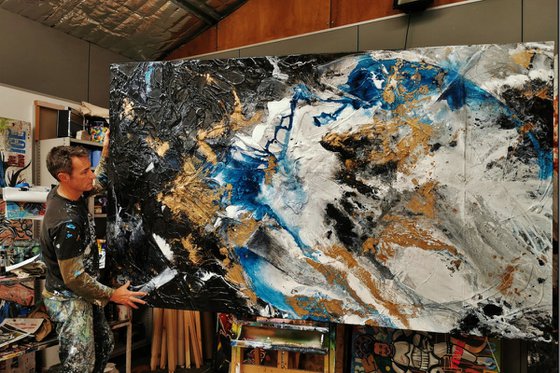 Golden Cobalt 250cm x 120cm Blue White Black Gold Abstract Art