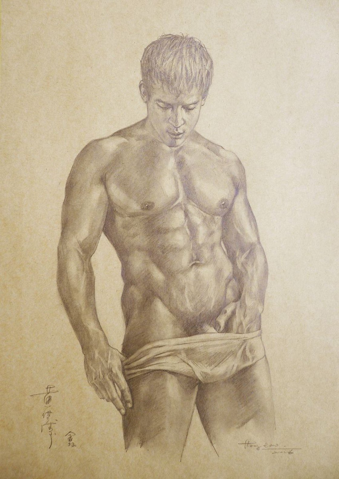 original drawing pencil art male nude man on brown paper #16-6-3 Pencil  drawing by Hongtao Huang | Artfinder