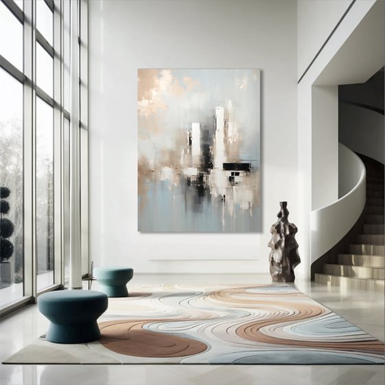 Abstract Cityscape in Blue Grey and Beige