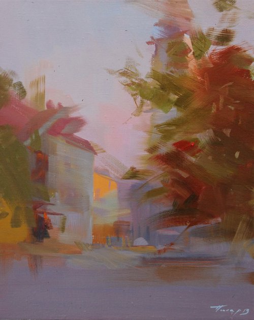 Abstract city painting "Sunset in the City" by Yuri Pysar