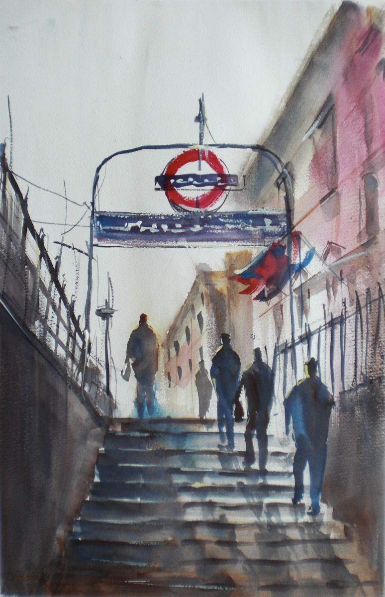 Expressive Cityscapes Watercolour By Giorgio Gosti, 11 X 19, London Metro Station 2, Original Artwork