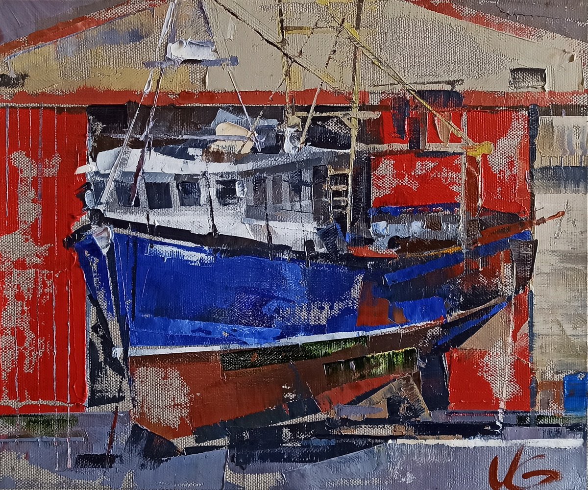 Impressionistic Landscape Oil Painting By Volodymyr Glukhomanyuk, 12 X 10", Series Fishing Boats #5, Original Artwork