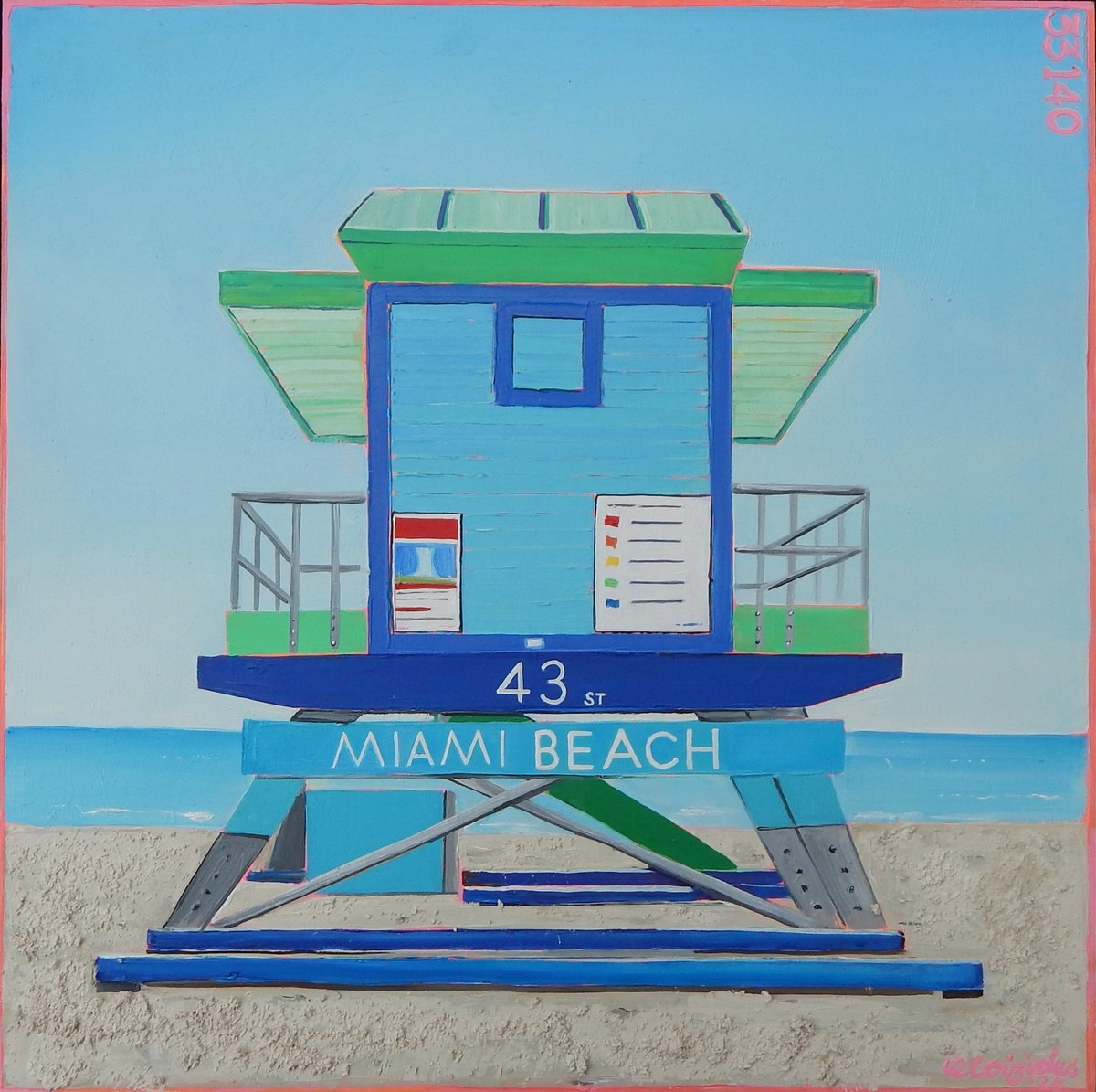 Urban And Pop Landscape Oil Painting By Emma Loizides, 13 X 13, Miami Blue, Original Artwork