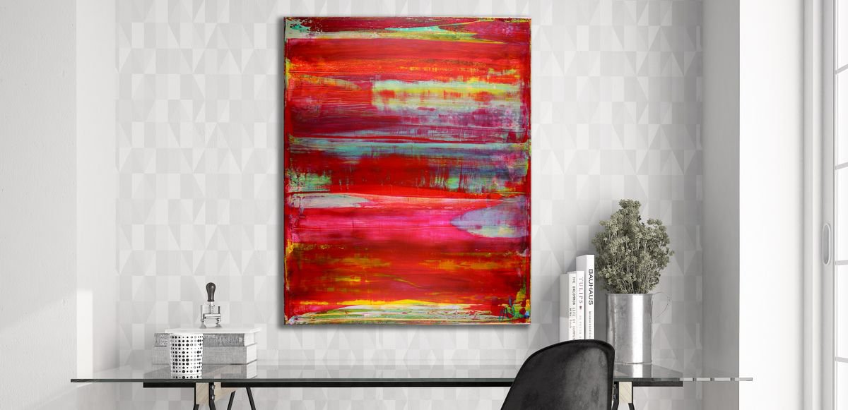 Abstract Acrylic Painting By Nestor Toro, 16 X 20", Red Terrain And Oasis, Original Artwork