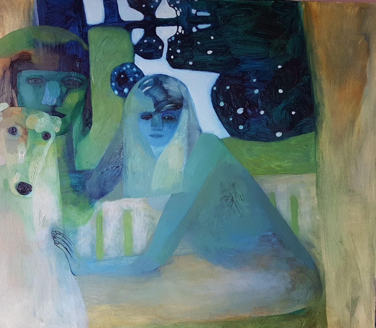 Urban And Pop Portrait Oil Painting By Anna Bulkina, 31 X 28, Stories About Blue Lakes, Original Artwork