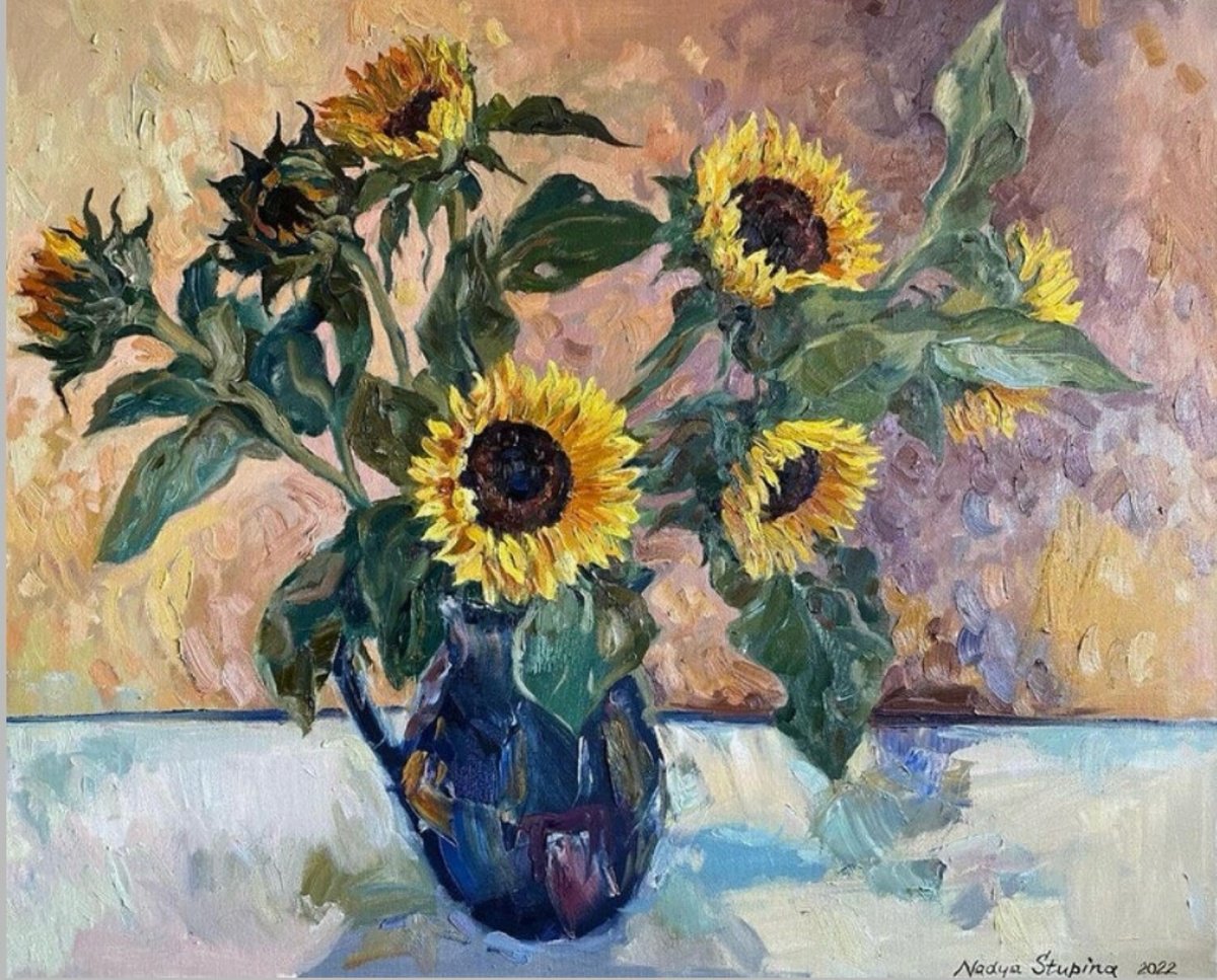 Sunflowers In A Blue Vase By Nadezda Stupina, 29 X 24, Artwork For Sale On Artfinder