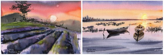 Diptych with sunset landscapes, two original artworks small format in violet and purple colors home decor painting, gift for her