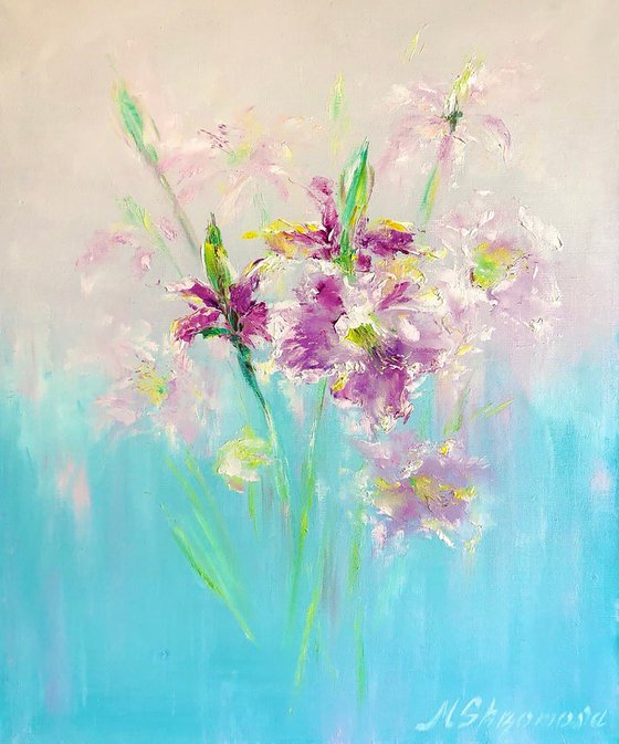 A GENTLE COUPLE- Lilies. Irises. Diptych. Flower couple. Blue canvases. Pastel colors. Heavenly color. White flowers. Abstract flowers. Abstraction.