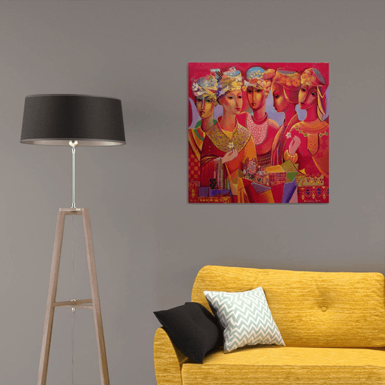 " Five Directions " - 80 x 80cm Original Oil Painting RED dress 5 Women