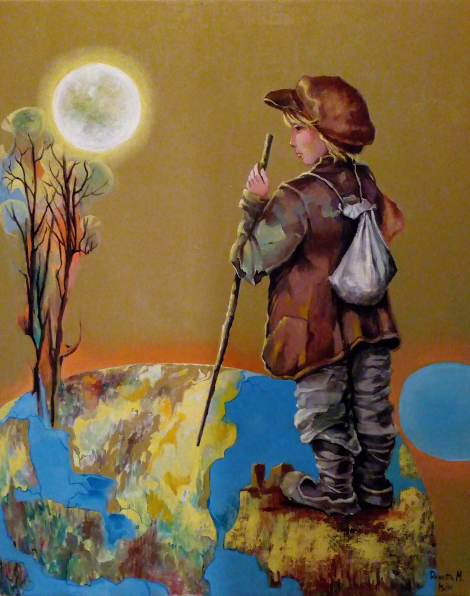 Surrealistic Portrait Oil Painting By Reneta Isin, 31 X 39", " The Wanderer ", Original Artwork