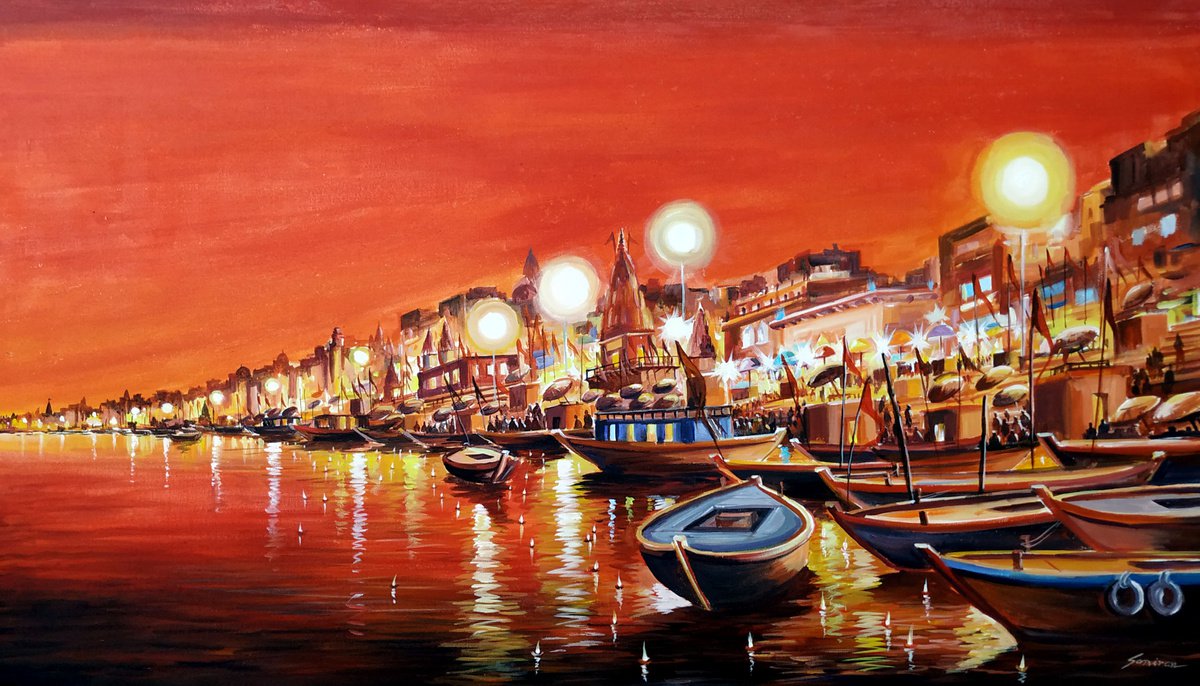 Impressionistic Cityscapes Acrylic Painting By Samiran Sarkar, 45 X 26", Beauty Of Night Varanasi Ghats, Original Artwork