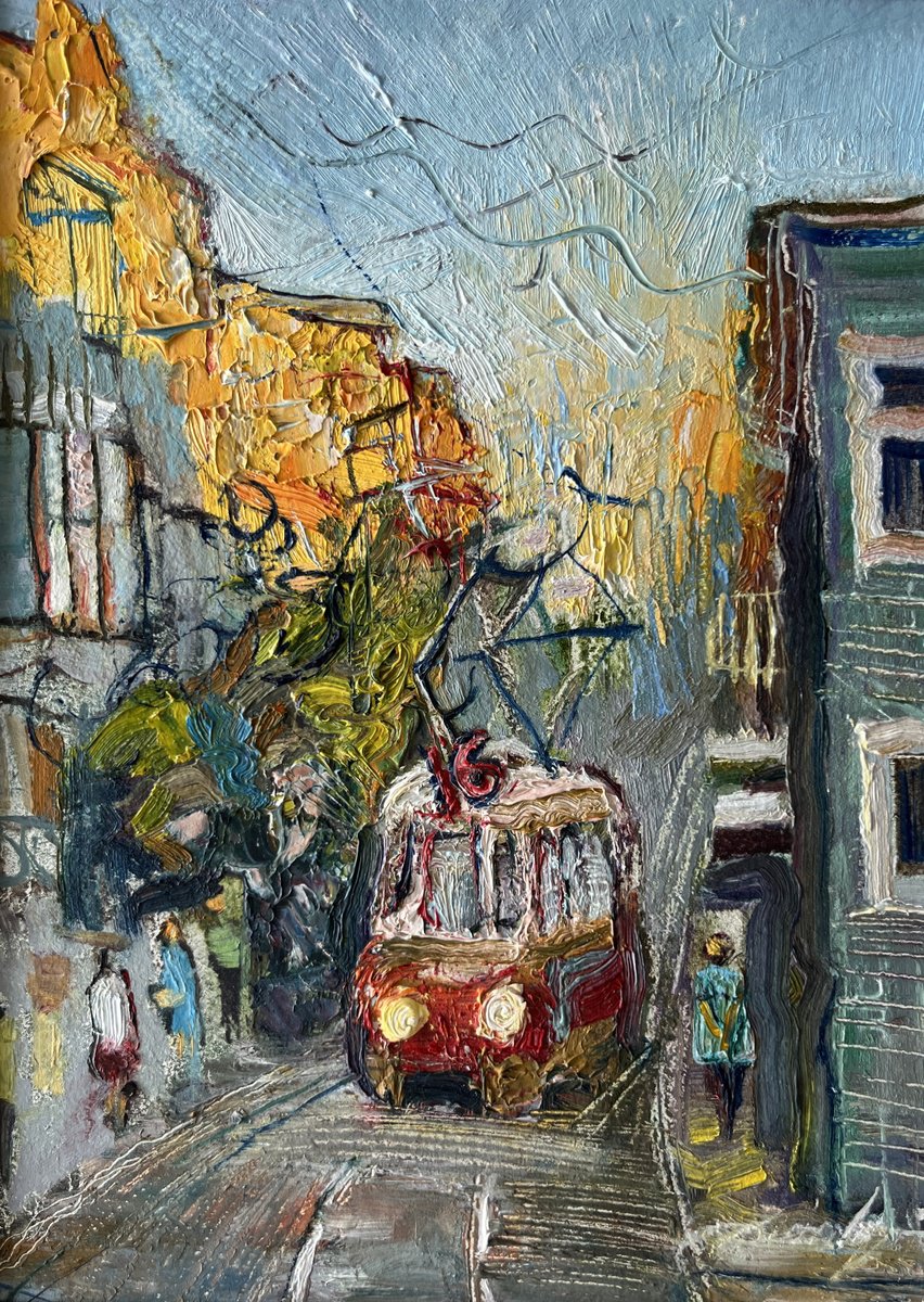 Impressionistic Cityscapes Oil Painting By Jacob Burda, 8 X 12, City Tramline, Original Artwork