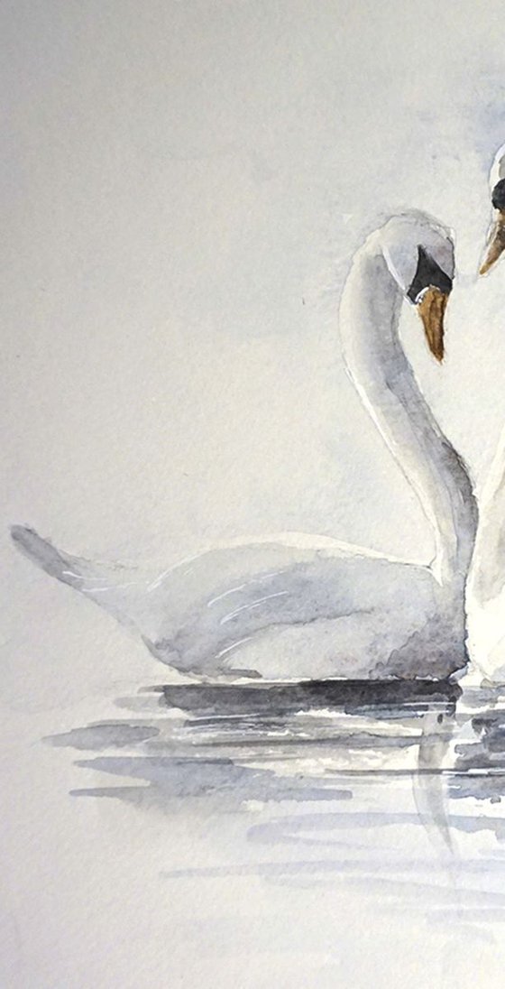 White Swans ORIGINAL Watercolor Painting, Birds in Love