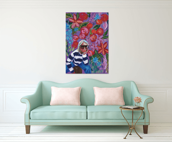 Very Peri Girl with Flowers Abstract Giclée print on Canvas - Limited Edition of 25 Print