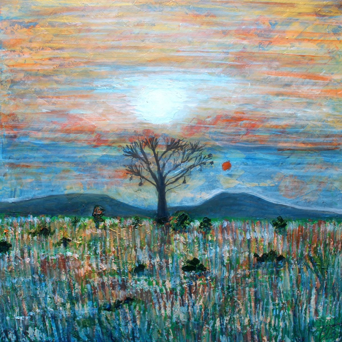 Impressionistic Landscape Acrylic Painting By Paul J Best, 20 X 20", Kenyan Sunrise, Original Artwork