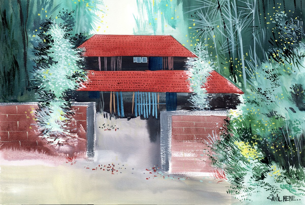 Photorealistic Landscape Watercolour By Anil Nene, 22 X 15, Red House New, Original Artwork