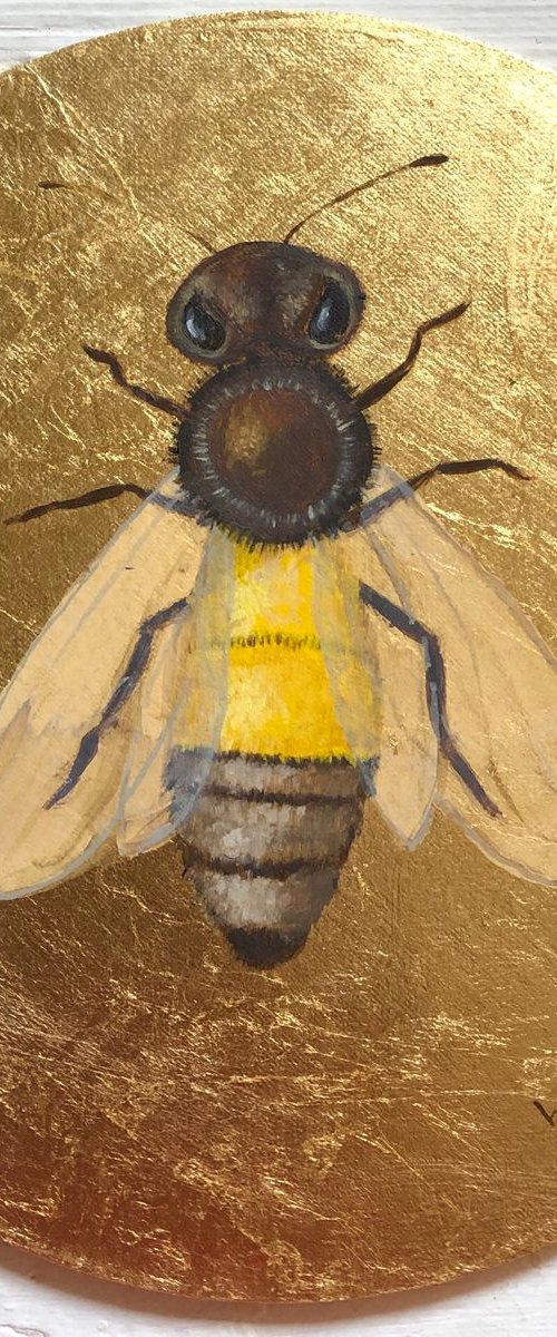 My Little Golden Honeybee Oil Painting on Round Lacquered Golden Leaf Canvas Frame by Caridad I. Barragan