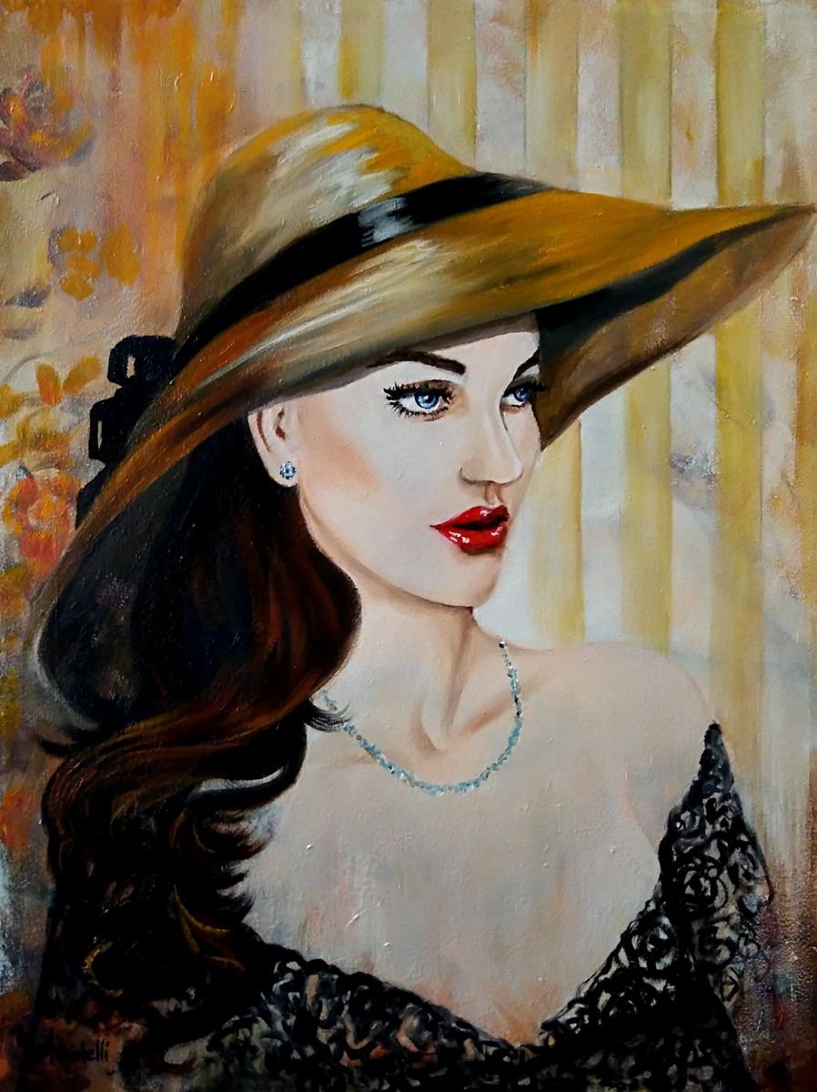 Photorealistic Portrait Painting By Anna Rita Angiolelli, 14 X 20, Fashion - Portrait - Original Painting, Original Artwork