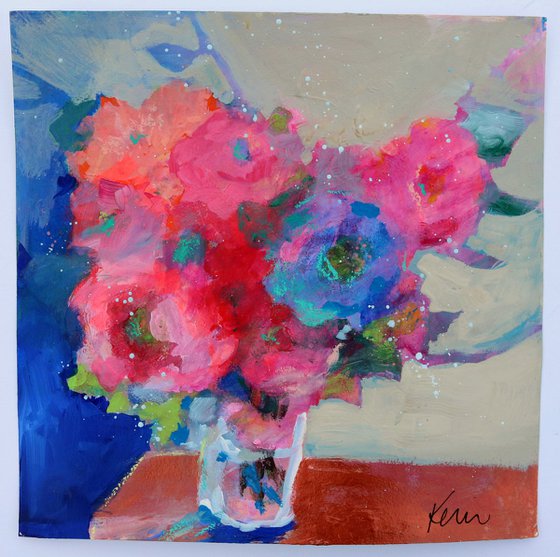 Gracing the Table 12x12" Colorful Loose Abstract Floral, Bouquet of Roses Still Life