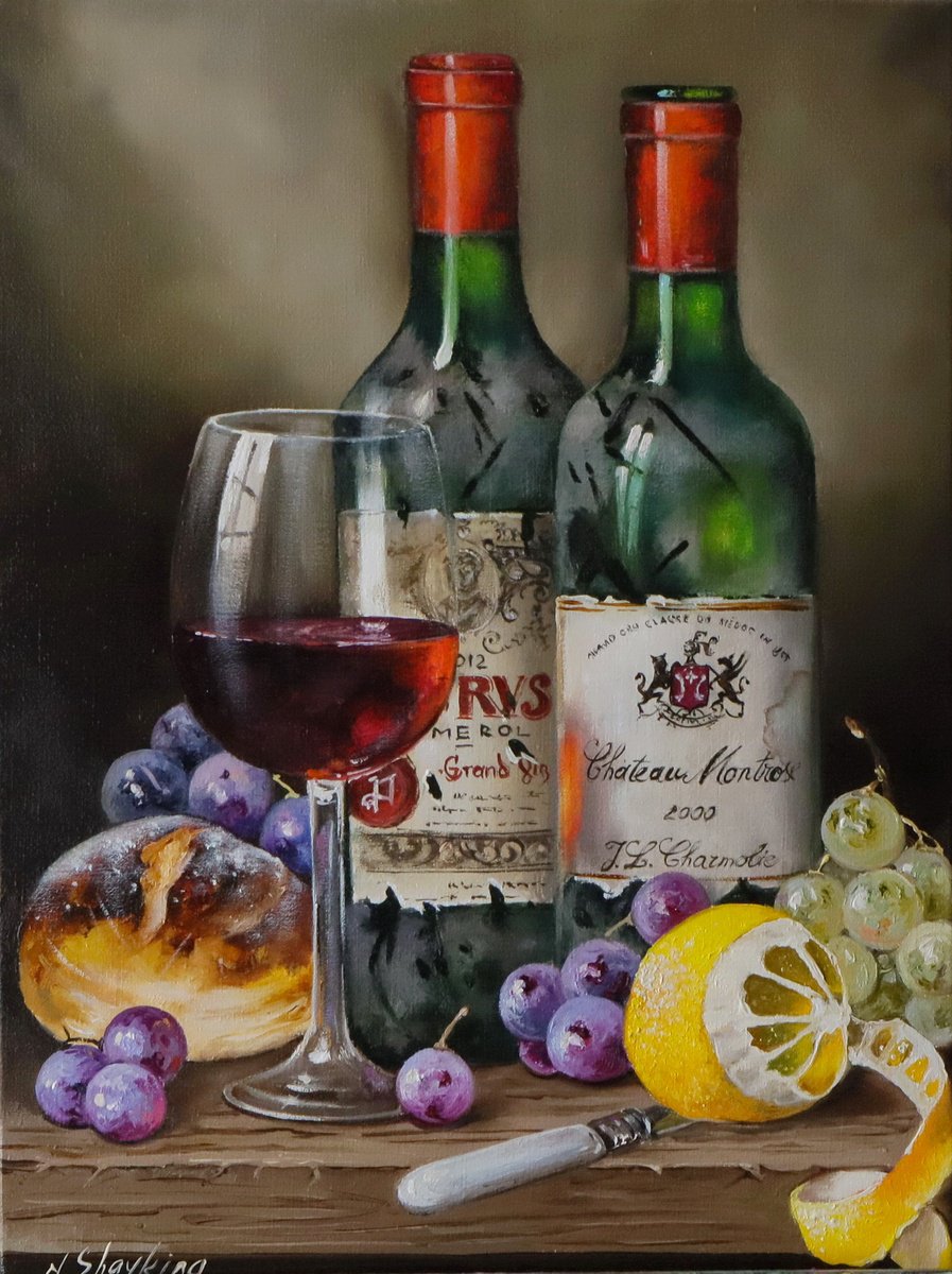 Photorealistic Oil Painting , Red Wine, Grapes And Bread By Natalia Shaykina, 16 X 22, Artwork For Sale On Artfinder