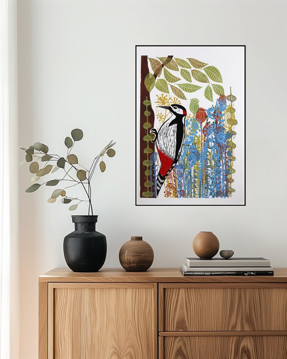 Woodpecker and Flowers