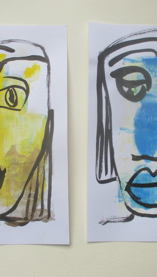 2 girls portraits in yellow and blue 8,2 x 5,9 inch unique mixedmedia drawing by Sonja Zeltner-Müller