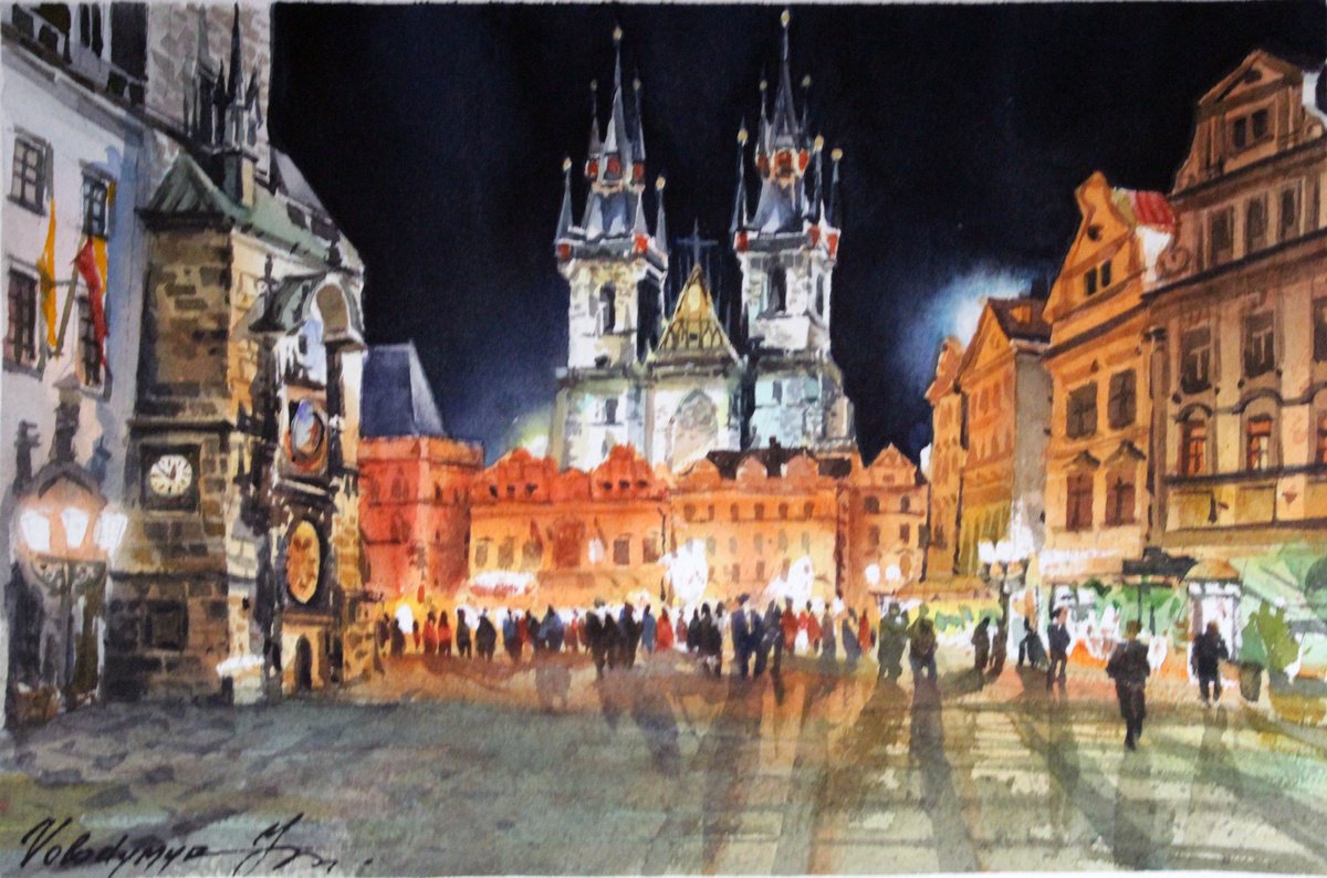 Impressionistic Cityscapes Watercolour By Volodymyr Melnychuk, 11 X 7", Night Fairy Tale-2, Original Artwork