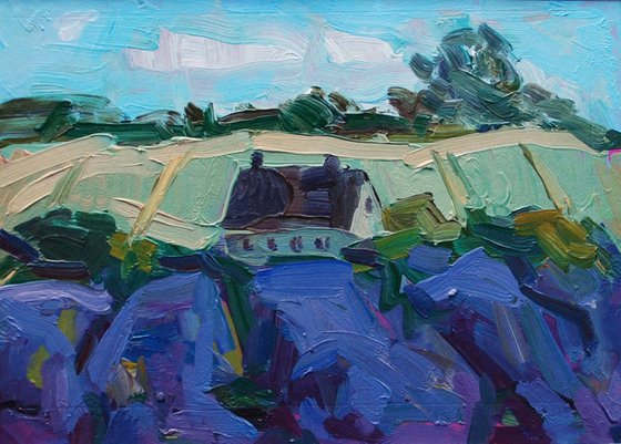Lavender Farm#2 Ipressionist Landscape. Mounted Oil Painting.