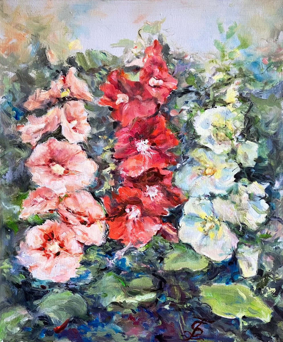 Impressionistic Botanical Oil Painting By Elvira Sesenina, 20 X 24, Hollyhocks, Original Artwork