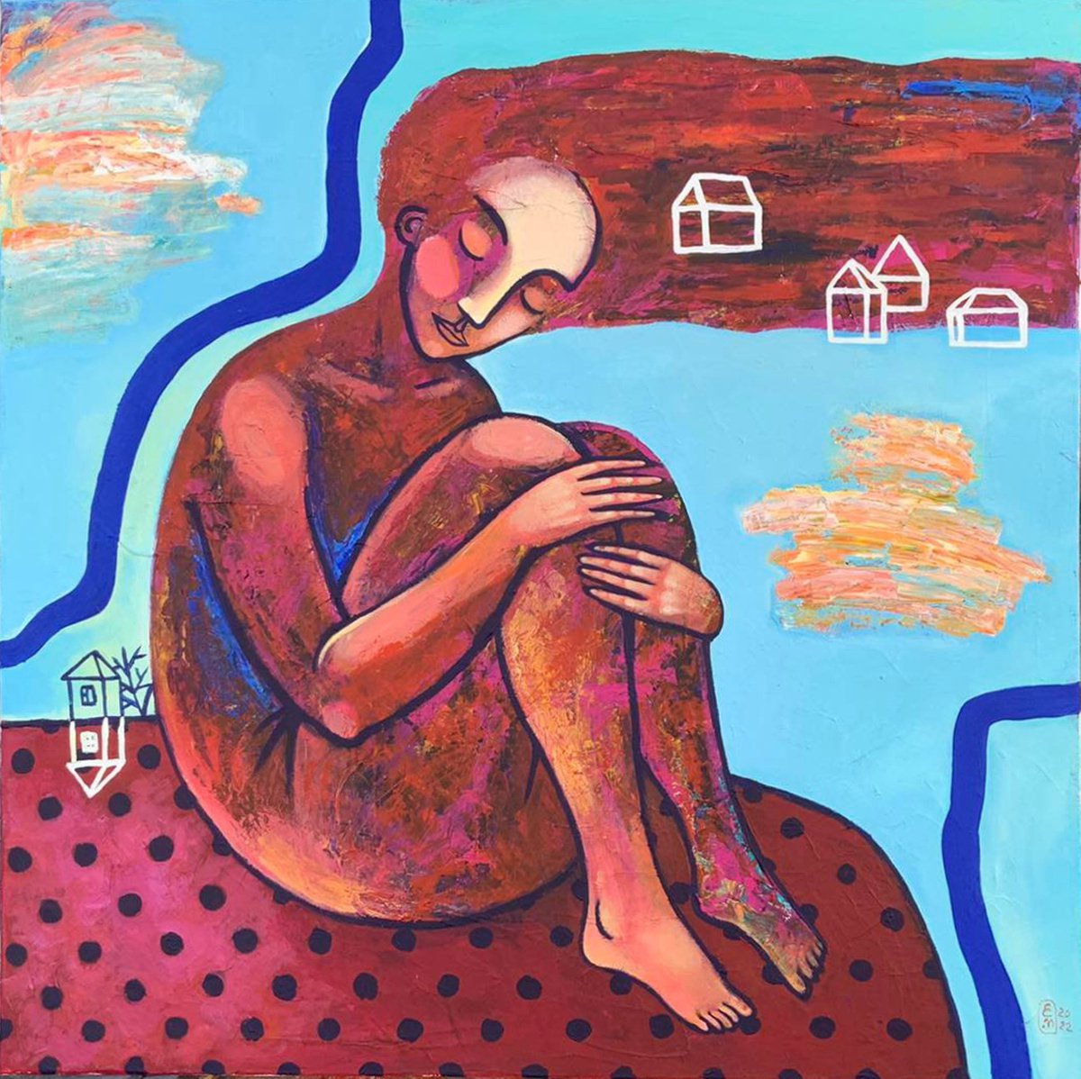 Surrealistic Portrait Acrylic Painting By Elena Tomilova, 31 X 31, Nowhere, Original Artwork