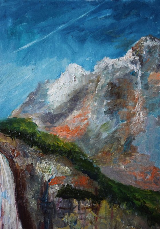 Oil original painting Waterfall in mountains Slovakia