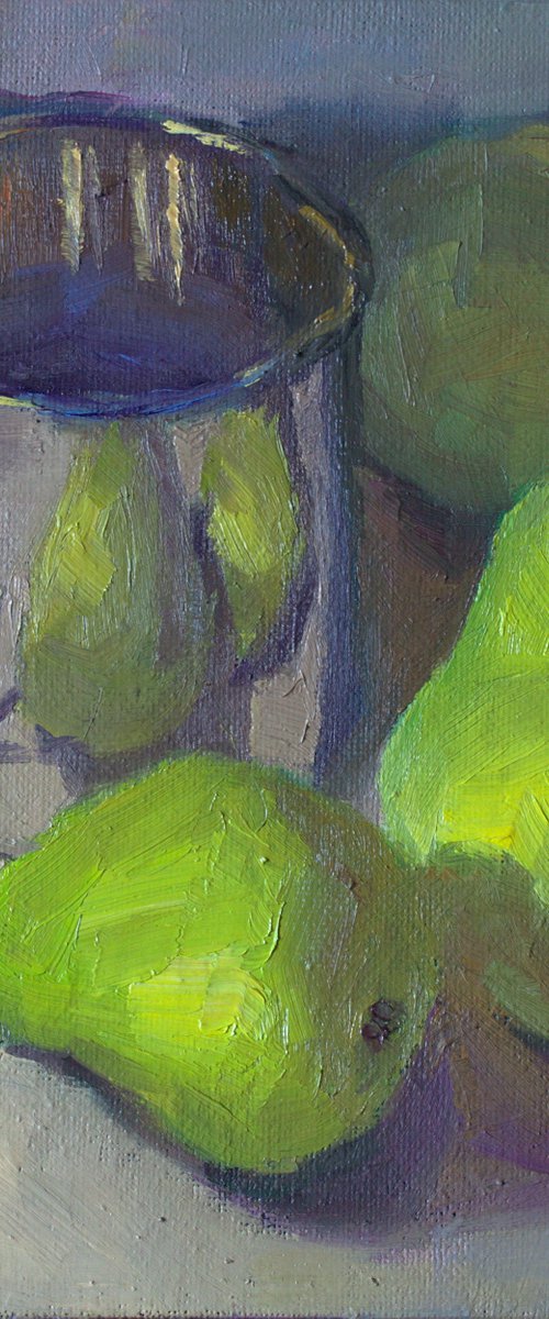 Kitchen Decor - Pear Reflections on Metal - Small Oil painting, home decor by Nithya Swaminathan
