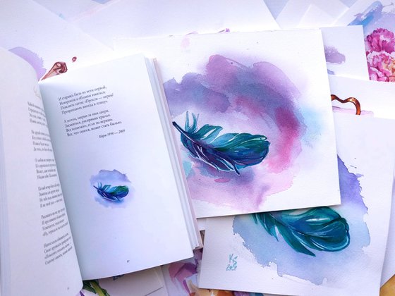 Still life "Fantasy bright blue-green feather of a bird" original watercolor painting square postcard