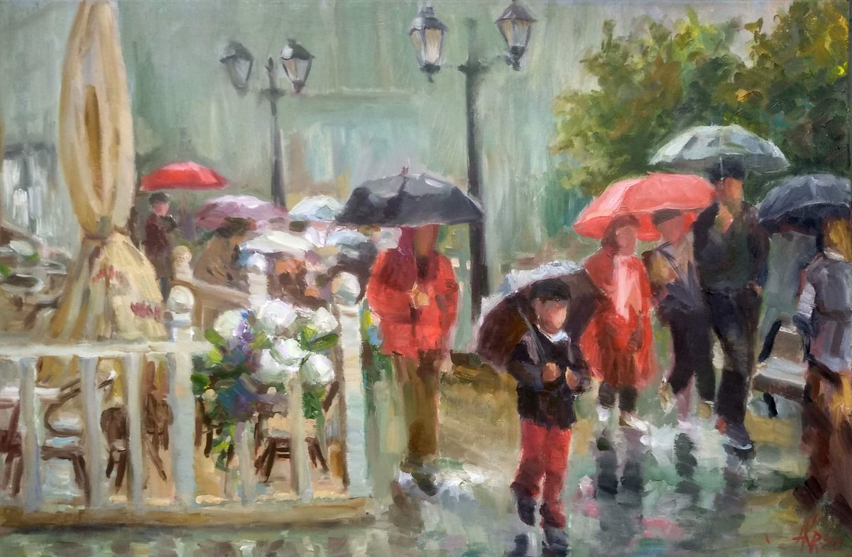 Impressionistic Portrait Oil Painting By Ann Krasikova, 26 X 18, Rainy Promenade, Original Artwork