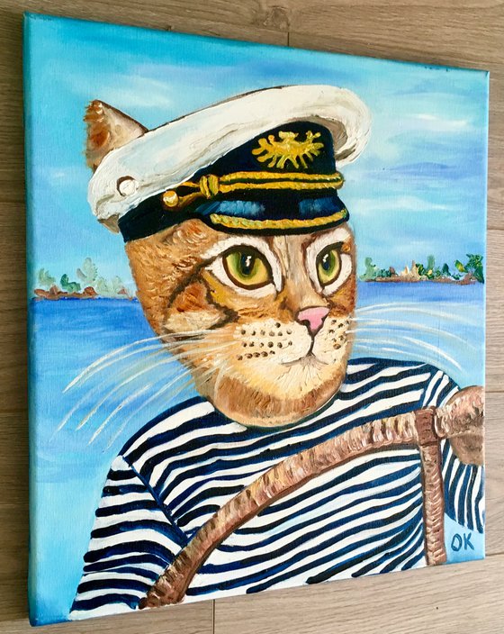 Troy The  Cat- Captain  oil painting for cat lovers.