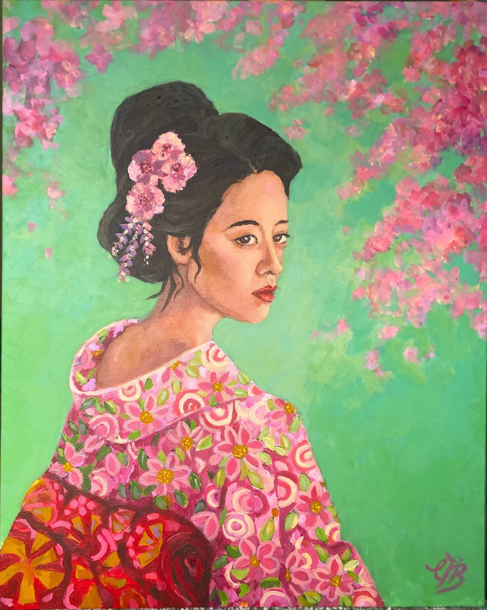 Impressionistic Portrait Acrylic Painting By Colette Baumback, 24 X 30, Sakura - Japanese Portrait, Original Artwork