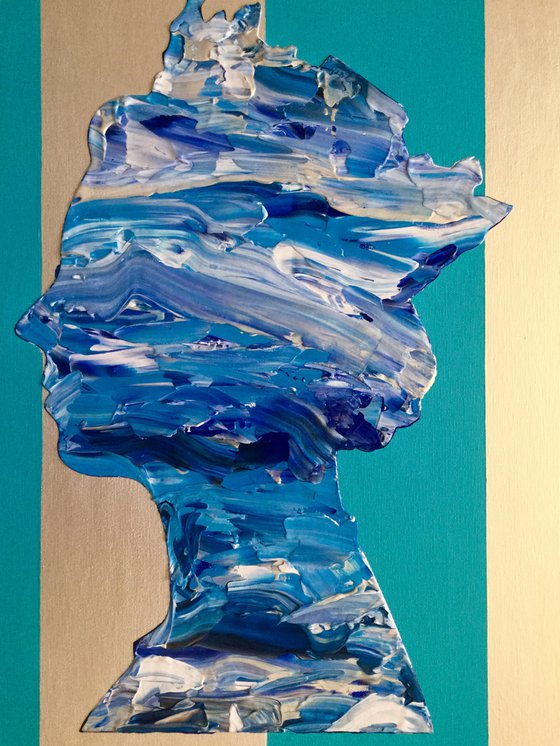 Queen #44 . on pearl and turquoise , metallic pearl , marble blue queen, navy blue  PAINTING INSPIRED BY QUEEN ELIZABETH PORTRAIT