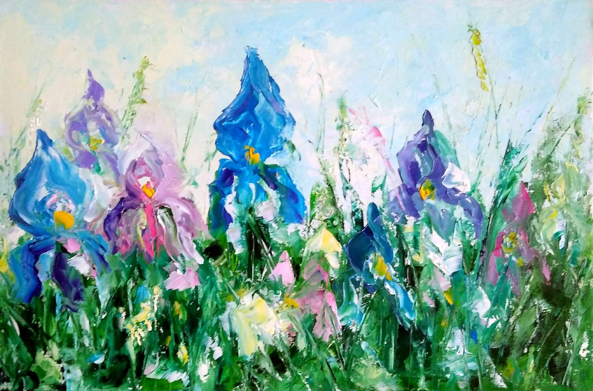 Iris Painting Floral Original Art Meadow Artwork Flower Wall Art by Yulia Berseneva